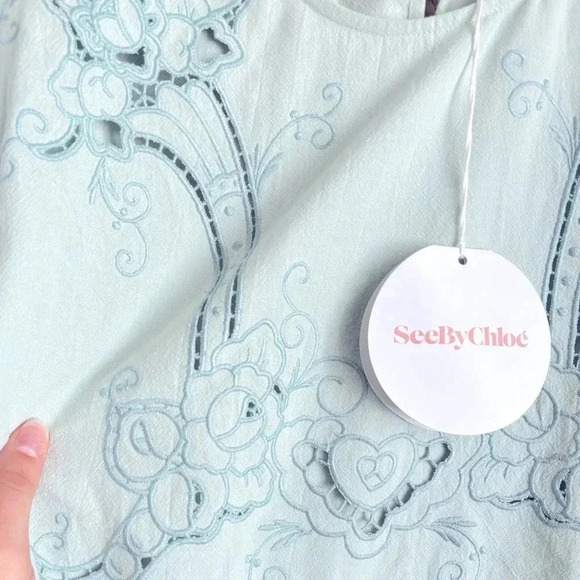 NWT See By Chloé Embroidered Puff Sleeve Mini Dress Autumnal Mint Blue Size 10 - Picture 9 of 13
